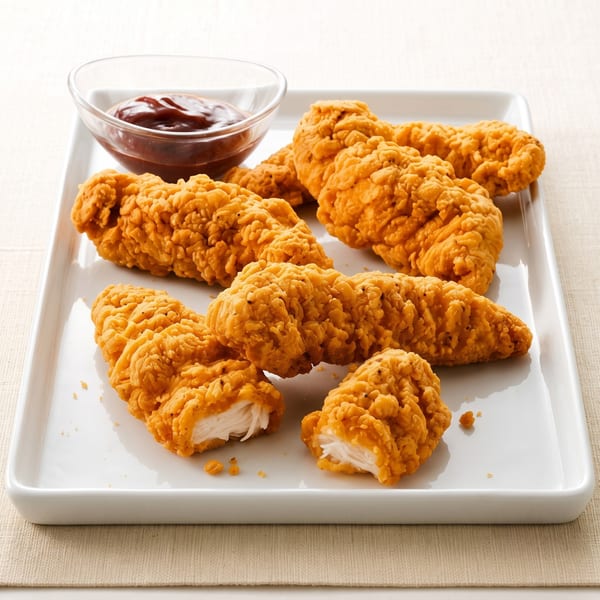 Crispy golden-brown chicken tenders on a white rectangular plate with a side of barbecue sauce.