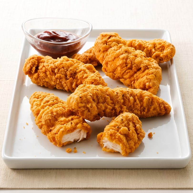 Crispy golden-brown chicken tenders on a white rectangular plate with a side of barbecue sauce.